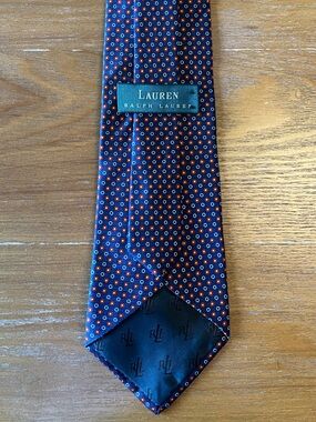 Lauren Ralph Lauren Silk Tie Navy Blue Red Geometric Dot Pattern Classic
